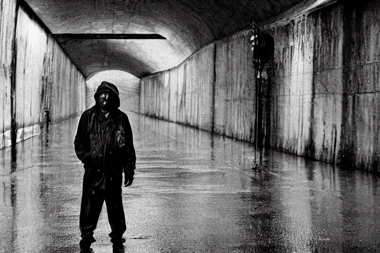 Image similar to a cinematic!! headshot photograph!! of a beautiful homeless war veteran, stood in a tunnel, rain, film still, cinematic, dramatic lighting, by bill henson