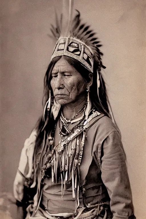 Image similar to “Color Photo of Native American indian woman, portrait, skilled warrior of the Chiricahua Apache, Lozen was the sister of Victorio a prominent Chief, wearing traditional clothing, showing pain and sadness on her face, realistic, detailed, shot like National Geographic”