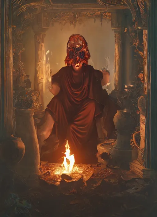 Image similar to masked firestarter inside covens den, intricate wiccan scene detailing, hyperdetailed fire, photorealistic, diffuse lighting, hdrp, artstation, unreal 5, smooth, textless, sharp focus, art by john collier, albert aublet, krenz cushart, artem demura, alphonse mucha