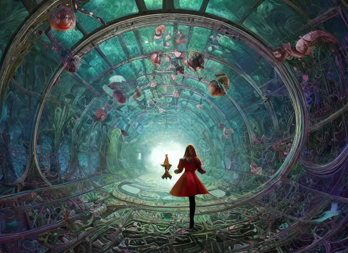 Image similar to vfx surreal 3 d portrait of alice from wonderland walking into a non - euclidean and infinite tunnel of evanescent hallucinatory images, reflections in endless mirrors, hyperdetailed, octane render, sharp focus, concept art, intricate by alex grey, greg rutkowski jeff soto and daniel merriam, dan mumford and pixar, nvidia raytracing demo