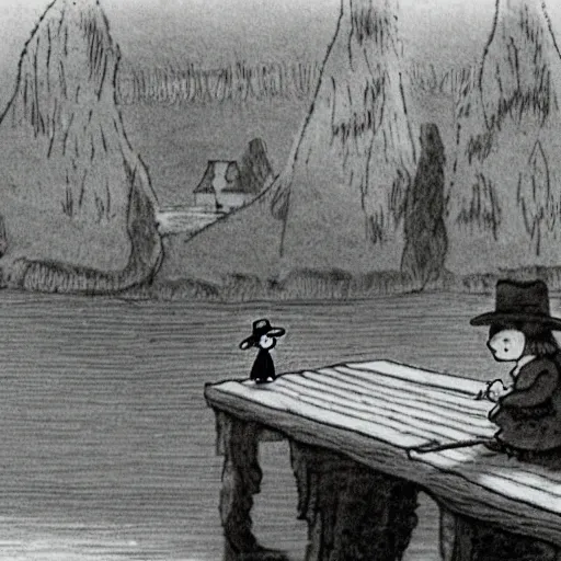 Snufkin and Moomin are sitting on a bridge over a