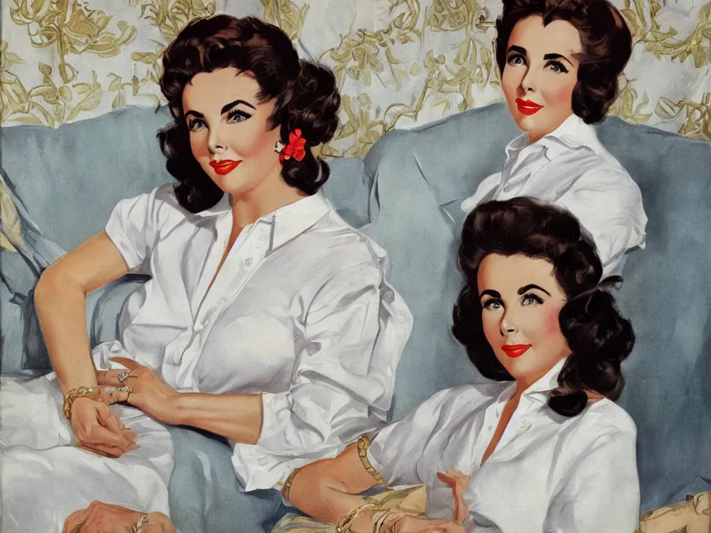 Prompt: ' elizabeth taylor sitting on a couch, next to the sea, wearing a white button up shirt, vintage pin up painted by jc leyendecker, vintage