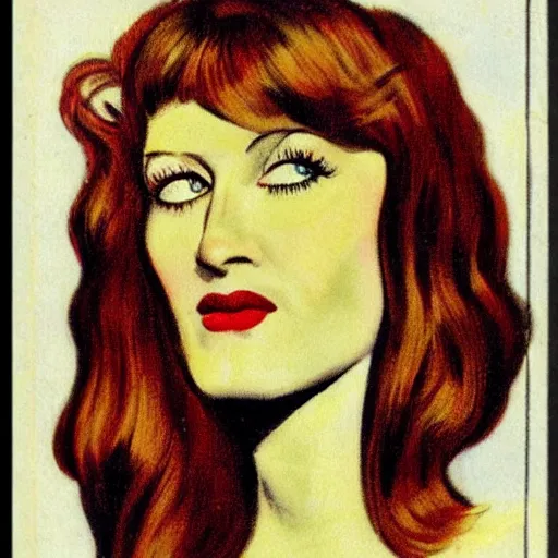 Prompt: “Florence Welch portrait, color vintage magazine illustration 1950”