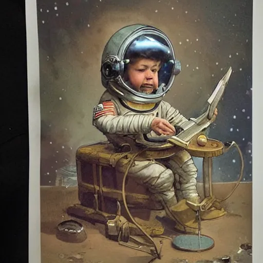 Prompt: boy in a retro space suit in a cluttered inventors shop . muted colors. by Jean-Baptiste Monge !!!!!!!!!!!!!!!!!!!!!!!!!!!