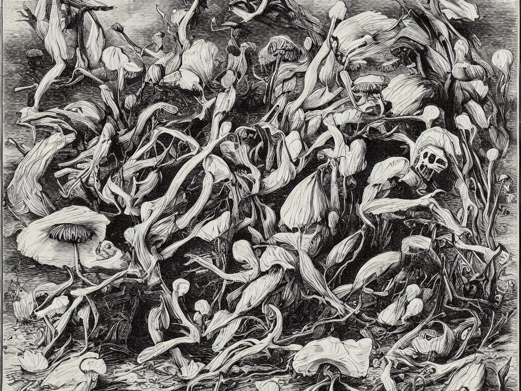 Prompt: the vision of death reaping the souls of mushrooms. Fine art engraving by Gustavo dore. 1868.