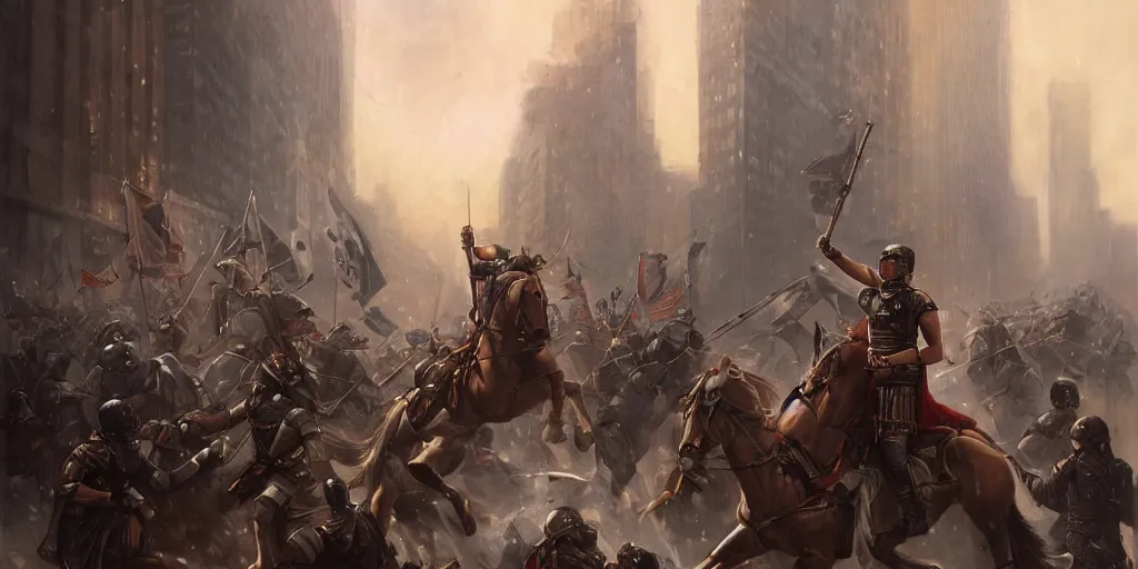 Prompt: Roman Empire legionary invading modern day New York City by Charlie Bowater and Pierre Auguste Cot