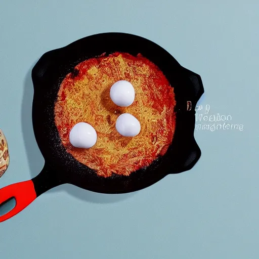 Prompt: a frying pan cooking a dinosaur egg. food magazine photograph.