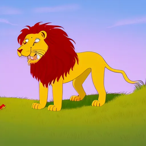 Prompt: a pretty lion with very long and special bright red hair with a simple rounded line in a meadow, style simpsons, sharp focus, illustration, ArtStation