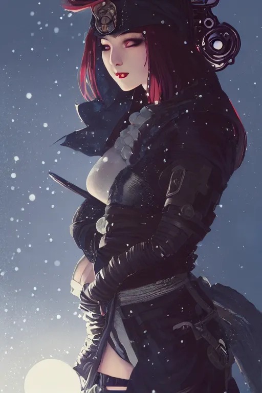 Prompt: portrait ninja gaiden girl, dieselpunk wardrobe, at snowy fuji mountain moonlight, fantasy, intricate and very beautiful and elegant, highly detailed, digital painting, artstation, concept art, smooth and sharp focus, cg by tian zi and wlop and alphonse mucha