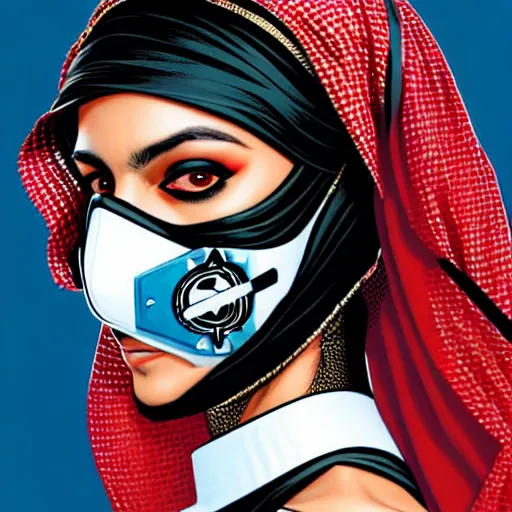 Prompt: a portrait of a saudi woman wearing a diver suit and mask with side profile blood in ocean intricate details by MARVEL comics and Sandra Chevrier-C