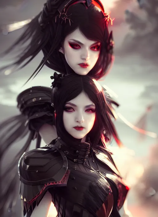 Image similar to full plate armor!!! beautiful and elegant dark hair female vampire!! gorgeous ayes!! character concept art, sharp focus, octane render! unreal engine 5! highly rendered!! trending on artstation!! detailed linework!! illustration by artgerm, wlop, and chie yoshii