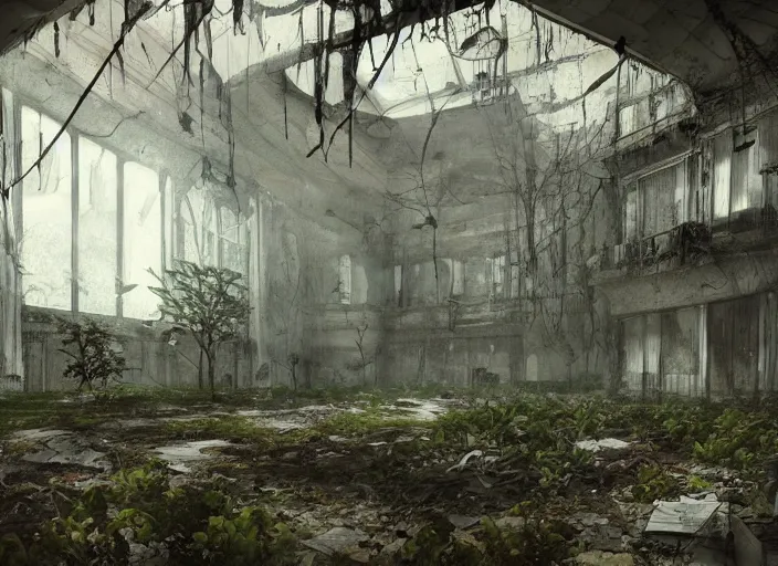 Image similar to abandoned high school overtaken by plants and nature and rot, artstation, high quality, detailed, eerie atmosphere, in the style of Rui Komatsuzaki