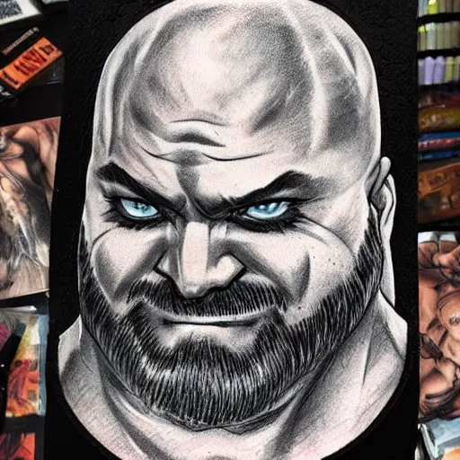 Prompt: tattoo sketch art of chonky ethan van sciver with bald head and a trimmed grey beard, artstation, cgsociety, detailed