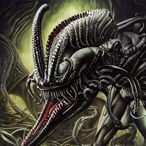 Prompt: xenomorph vs Cthulhu, avp, intricate detail, exquisite skill, hr giger, airbrush painting,