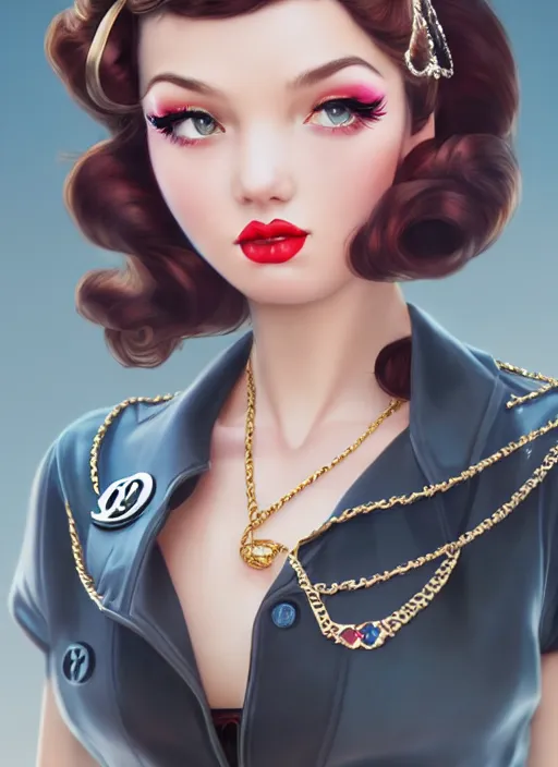 Prompt: a pin up and beautiful fashion dreamlke girl with lv jewelry, character art, art by artgerm, wlop, loish, hyperdetailed, 8 k realistic, symmetrical, global illumination, radiant light, frostbite 3 engine, cryengine, dof, trending on artstation, digital art, chanel, dior, detailed background