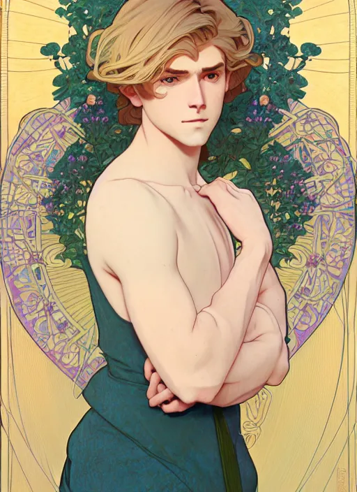 Image similar to pretty young man with shoulder length blond hair, male, half body shot, path traced, highly detailed, high quality, digital painting, by studio ghibli and alphonse mucha, leesha hannigan, hidari, art nouveau, chiho aoshima