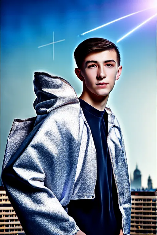 Image similar to un ultra high definition studio quality photographic art portrait of a young man standing on the rooftop of a british apartment building wearing soft padded silver pearlescent clothing. three point light. extremely detailed. golden ratio, ray tracing, volumetric light, shallow depth of field. set dressed.