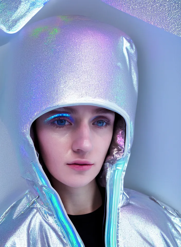 Image similar to an ultra high definition professional studio quality portrait photograph of a silver skinned android influencer wearing a transparent iridescent pastel coloured visor and matching wavey raincoat on white hook in a sheer icelandic black rock environment. three point light. dramatic lighting. volumetric shadows. light rays