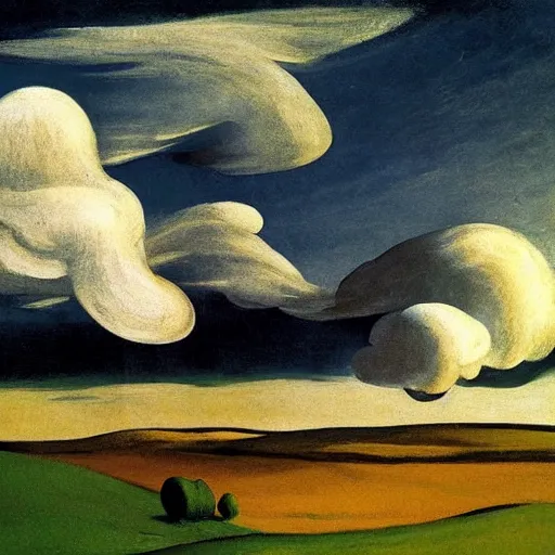 Image similar to dramatic landscape of donegal ireland after the storm, mammatus clouds and lenticular clouds, by edward hopper and giorgio de chirico