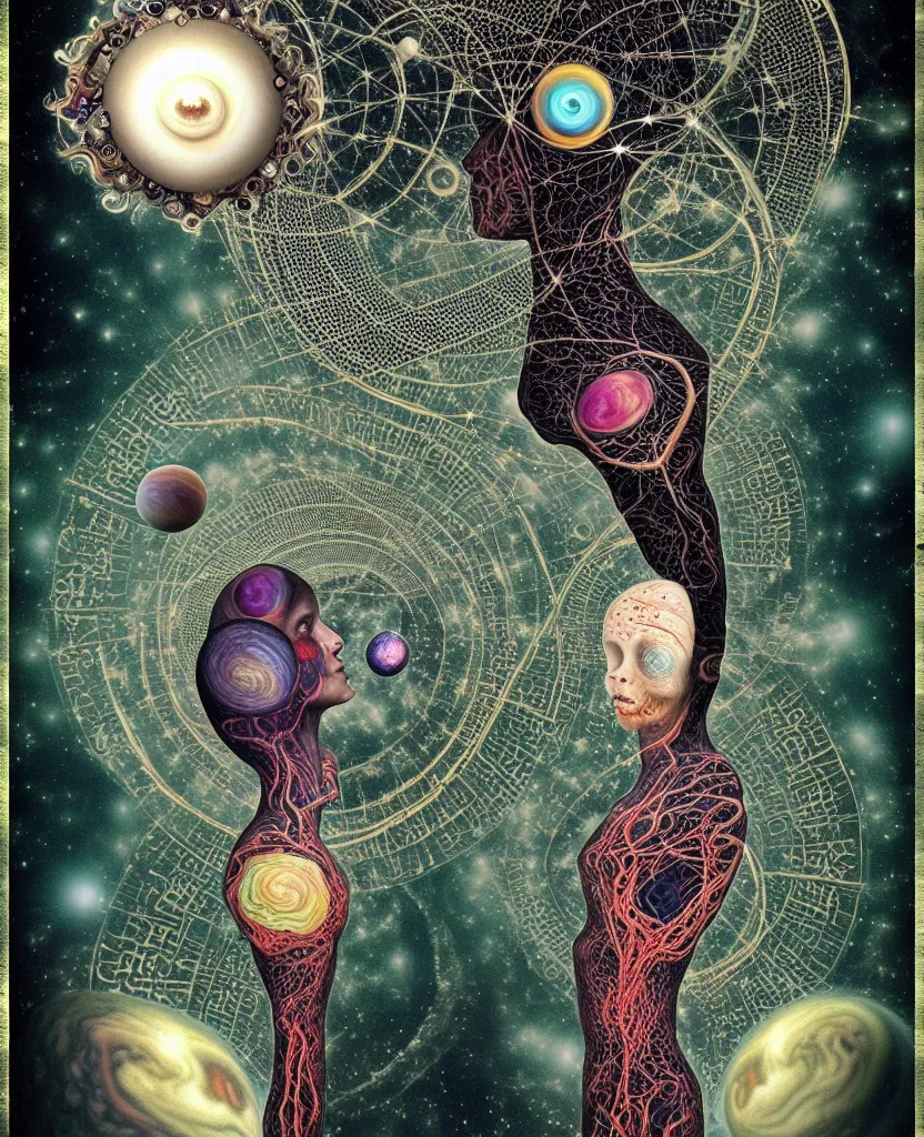 Image similar to inside the universe of a human body soul, whimsical uncanny creature alchemizes unique canto about'as above so below'being ignited by the spirit of haeckel and robert fludd, breakthrough is iminent, glory be to the magic within, to honor jupiter, surreal collage by ronny khalil