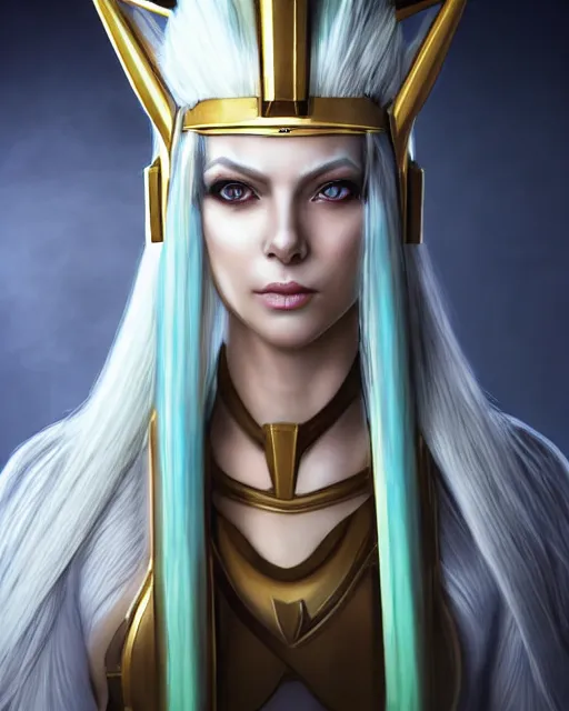 Image similar to perfect white haired attractive egyptian goddess, warframe armor, pharaoh headdress, beautiful, symmetric, dreamy, half asian, pretty face, green eyes, charlize theron, detailed, scifi platform, laboratory, experiment, 4 k, ultra realistic, epic lighting, android body, illuminated, cinematic, masterpiece, art by akihito tsukushi, voidstar