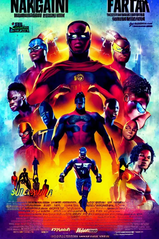 Prompt: nigerian superhero, an ultrafine detailed movie poster, poster design, concert poster