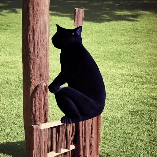 Image similar to highly detailed anthropomorphic chubby black cat doing yoga poses on long and thin scratchpost