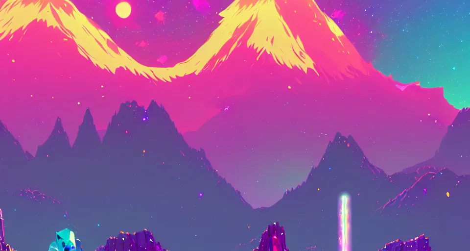 Prompt: galactic mountains surrounded with spiriling sparkling rainbow crystals and galaxies, hyper light drifter color pallet, trending on artstation
