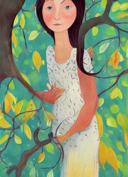 Image similar to a wonderful childrens illustration book portrait painting of a woman with serene emotion, art by tracie grimwood, forest, trees, many leaves, birds, whimsical, aesthetically pleasing and harmonious natural colors