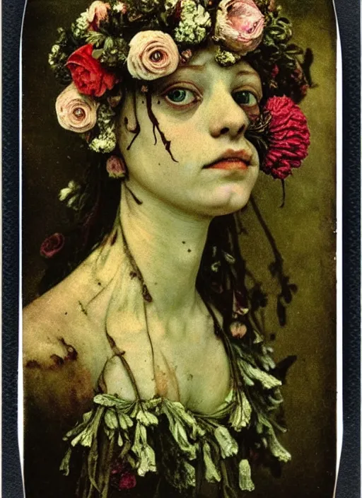 Image similar to beautiful and detailed rotten woman made of plants and many types of stylized flowers like carnation, chrysanthemum, roses and tulips, ornamentation, rococo, intricate, surreal, john constable, guy denning, gustave courbet, caravaggio, romero ressendi 1 9 1 0 polaroid photo