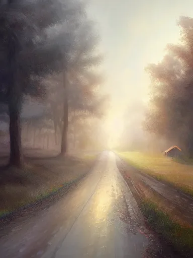 Prompt: rural crossroads fog. intricate, elegant, highly detailed, digital painting, artstation, concept art, sharp focus, illustration, by justin gerard and artgerm, 8 k