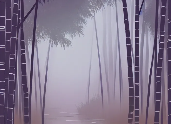 Prompt: deep in a misty japanese bamboo forest, small river, mountain background, sunny, cartoony, 9 0 s anime style, soft, moody lighting, by ghibli studio, makoto shinkai, toei animation, studio trigger, trending on artstation, 4 k, hd