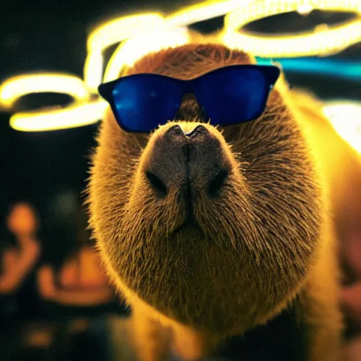 Prompt: capybara wearing shades in a night club, trippy club lighting