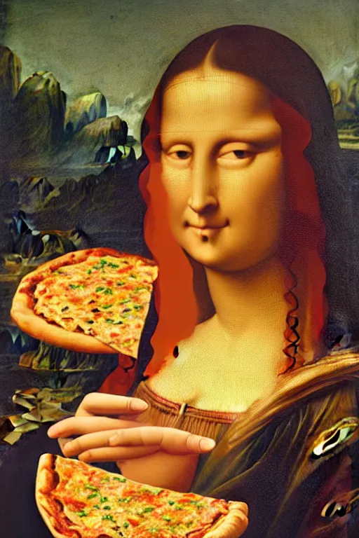 Prompt: hungry woman holding a slice of pizza, in the artistico style of mona lisa