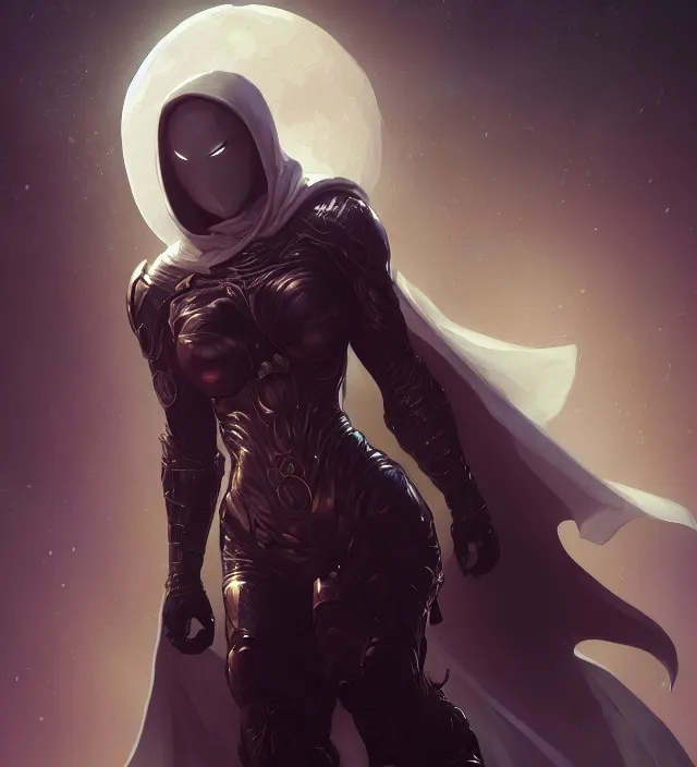 Image similar to female moon knight, hyper detailed, digital art, trending in artstation, cinematic lighting, studio quality, smooth render, unreal engine 5 rendered, octane rendered, art style by klimt and nixeu and ian sprigger and wlop and krenz cushart