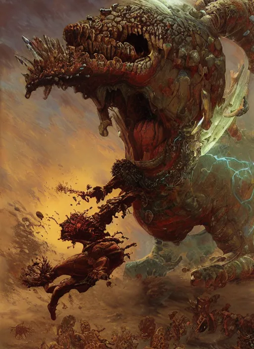 Prompt: typhon attacks, dynamic action, by lawrence alma-tadema and zdzislaw beksinski and norman rockwell and jack kirby and tom lovell and greg staples, artstation creature art
