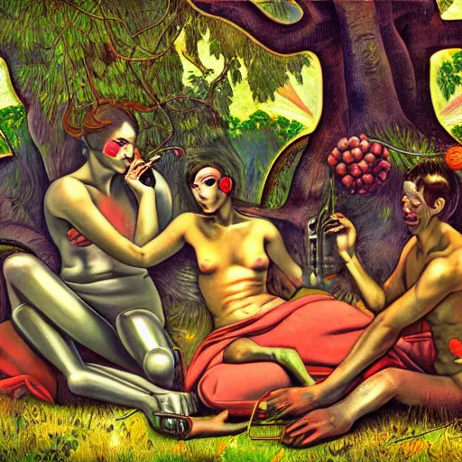 Prompt: hyperdetailed cyborgs under a big tree, eating interesting elaborate fruits. in the style of Caravaggio and Paul Gauguin, with liberty cyberpunk and flemish baroque mixed media elements. natural pastel tones. matte background HD 8x