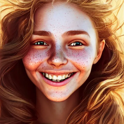 Image similar to beautiful hyperrealism hyperdetailed selfie of a cute young woman smiling softly, long light bronze brown hair, flushed face, red blush, light freckles, soft features, emerald green eyes, 8 k, sharp focus, art by irakli nadar