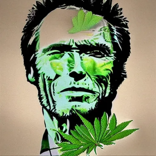 Image similar to clint eastwood portrait made of cannabis leaves