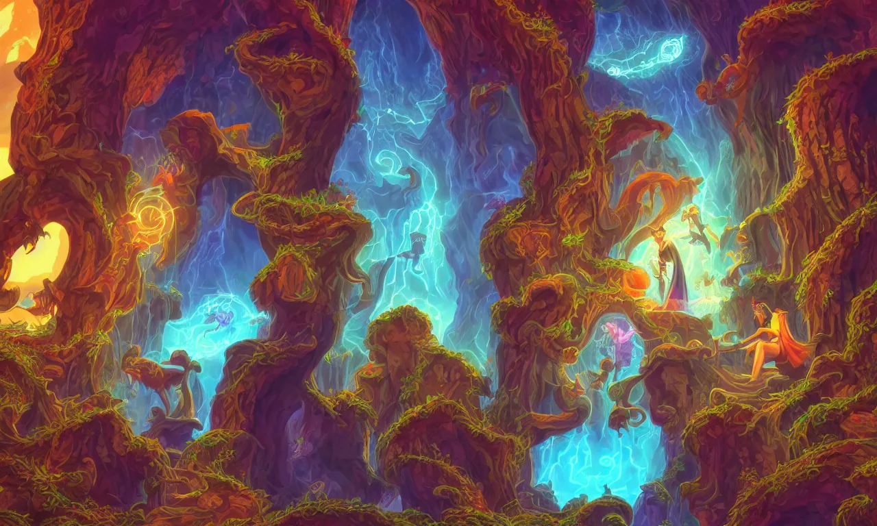 Image similar to large kerberos realm, wizard issues ticket close up, reading a directory, colorful ravine, 3 d art, digital illustration, perfect lighting