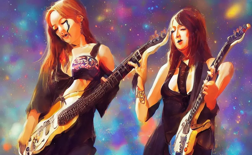 Image similar to rockstar girl playing electric guitar on stage. by amano yoshitaka, digital art, digital painting, artstation trending