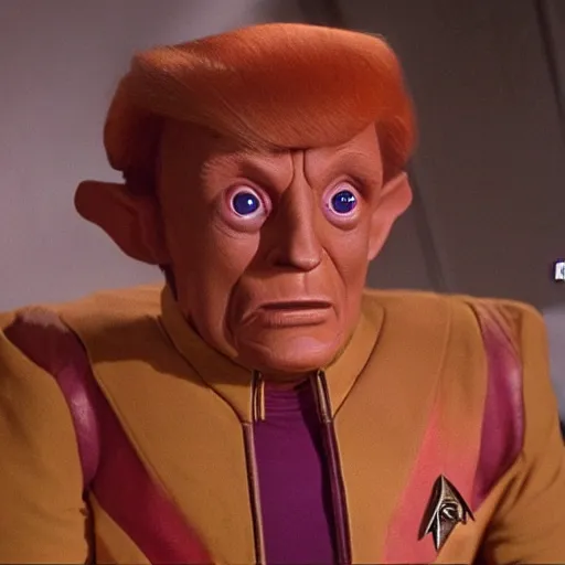 Prompt: cinematic dramatic portrait of a ferengi from star trek. It has orange skin color and Donald trump's hair style.