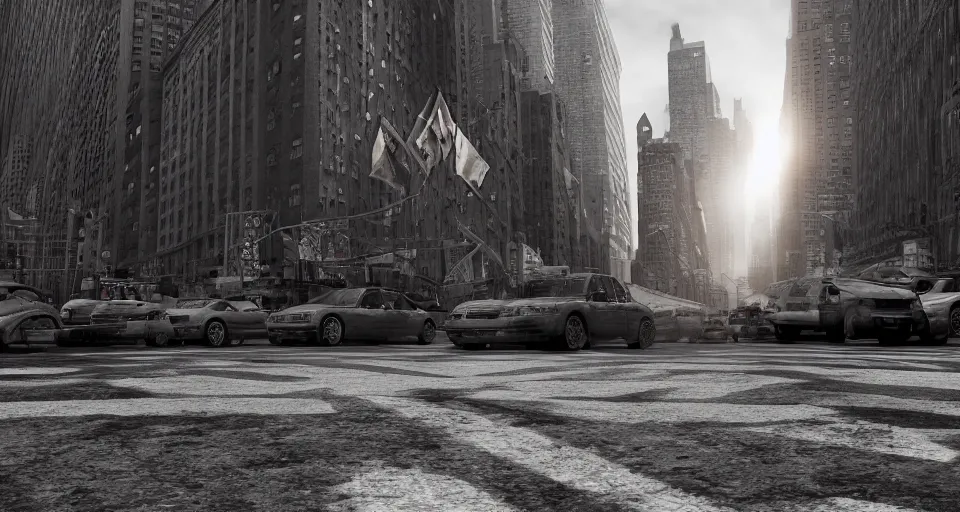 Image similar to the german shepherd of i am legend in new york, manga style, octane render, unreal engine, sundown, empty streets