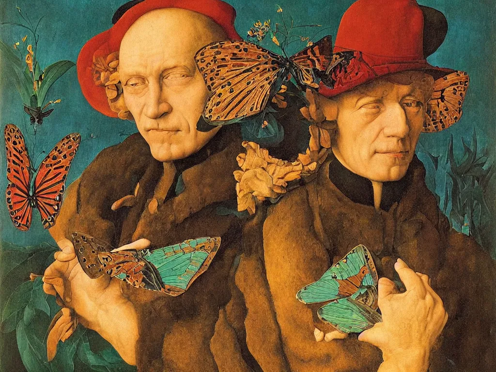 Prompt: Portrait of old coal worker with beautiful, exotic, butterfly. Painting by Jan van Eyck, Audubon, Maria Sybilla Merian, Rene Magritte, Agnes Pelton, Max Ernst, Walton Ford