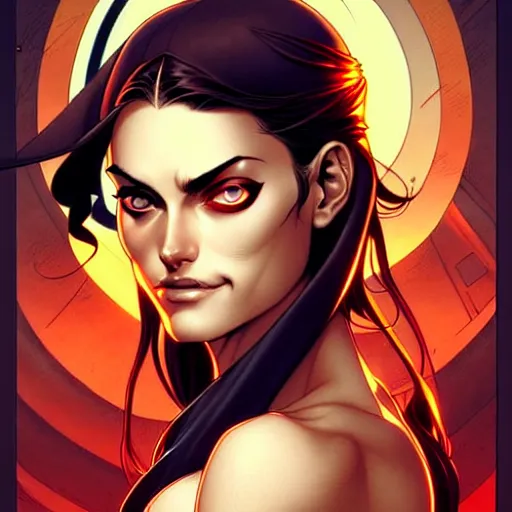 Image similar to artgerm, joshua middleton comic cover art, pretty pirate phoebe tonkin smiling, symmetrical eyes, symmetrical face, long curly black hair, on a pirate ship background, warm colors