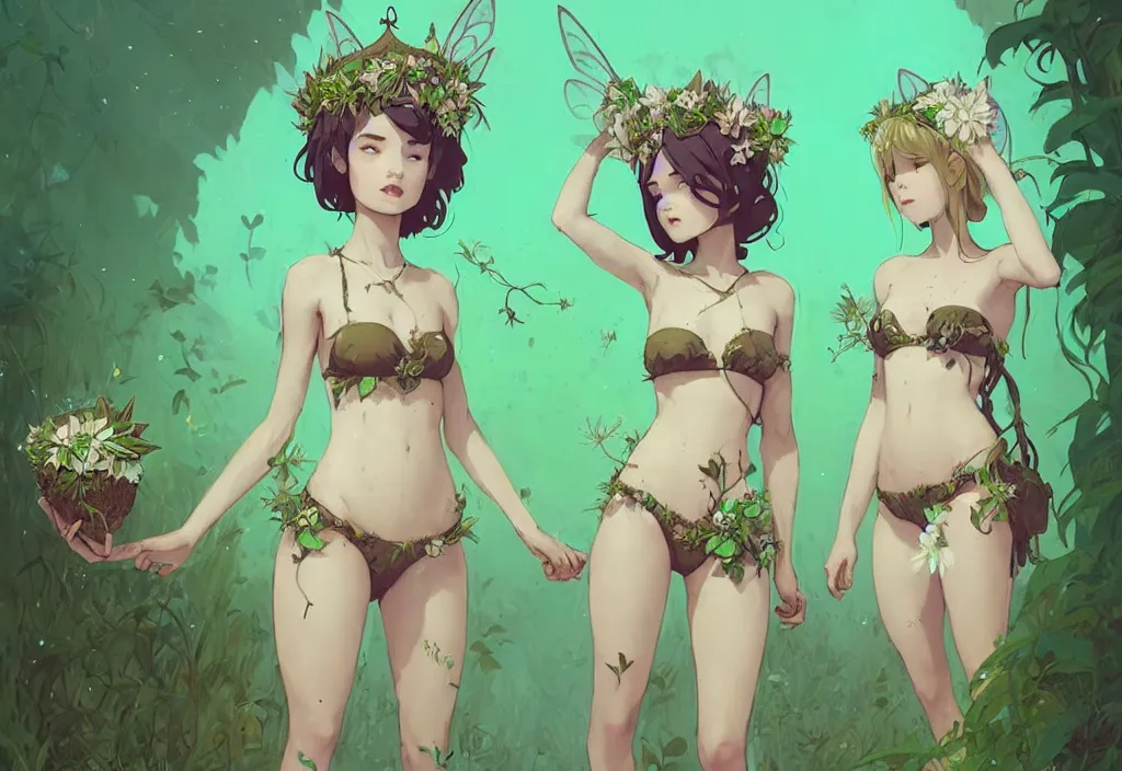 Image similar to two cute fairy girls with crown of flowers in plants bikini covered with celtic rune tattoos, fantasy, by atey ghailan, by greg rutkowski, by greg tocchini, by james gilleard, by joe gb fenton, by in kaethe butcher, dynamic lighting, gradient light green, brown, blonde cream and white color in scheme, grunge aesthetic