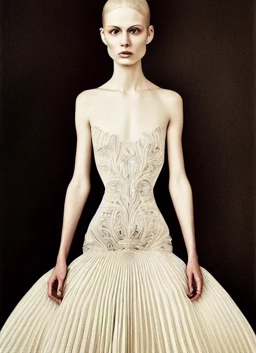 Image similar to glorious and luxurious haute couture dress on pale woman with smooth skin, alexander mcqueen, portrait, voluminous, masterpiece, intricate