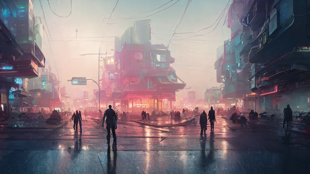 Prompt: Professional photograph of a suburban cyberpunk town during midnight, pedestrians, 4k, cozy wallpaper, ray tracing, Unreal engine, trending on Artstation, award-winning, art by Greg Rutkowski, by Chris Moore