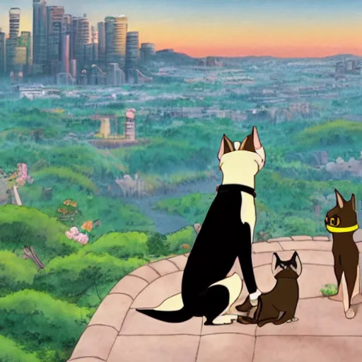 Prompt: an anthropomorphic black cat and pug dog who are in love and holding hands while looking out over a city, Miyazaki, studio ghibli