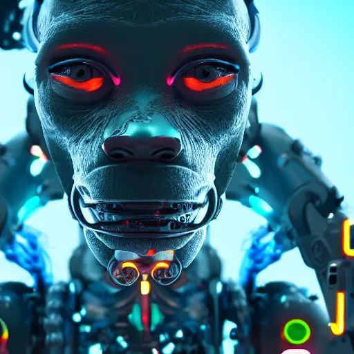 Prompt: a cyborg monkey, sci-fi, cyborg, close-up, cybernetic implant, neon, cyberpunk, center frame portrait, 8k, concept art, octane render